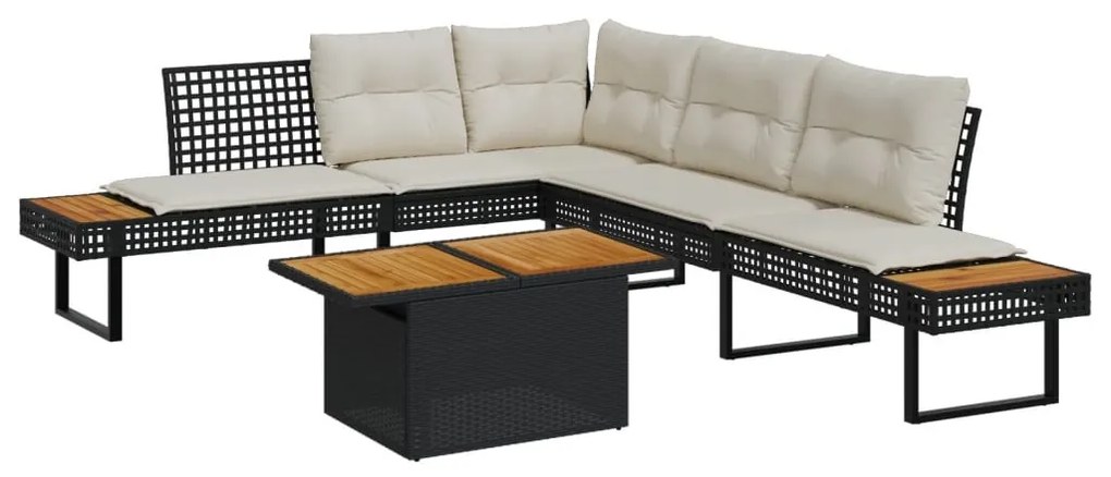 2 részes fekete polyrattan/akácfa kerti kanapészett párnákkal