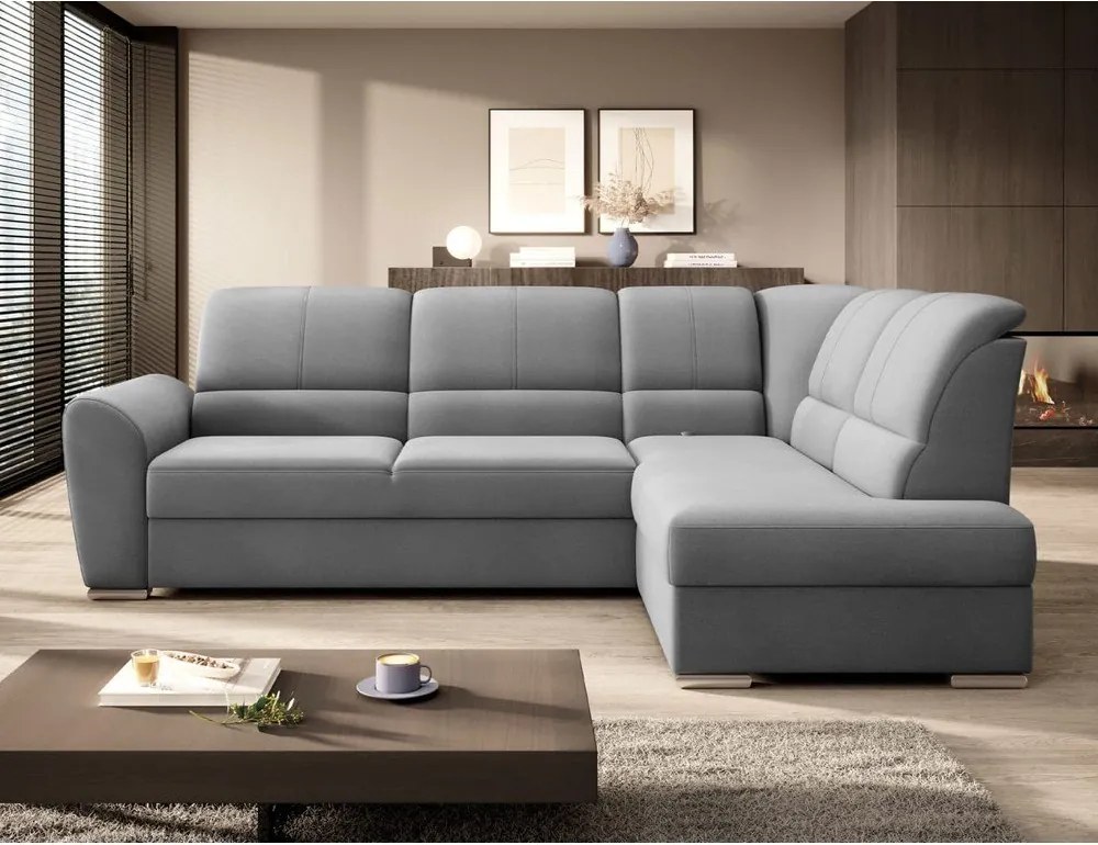 Szürke bársony kinyitható-tárolóhelyes sarokkanapé (jobb oldali-L alakú) Siber – ELTAP