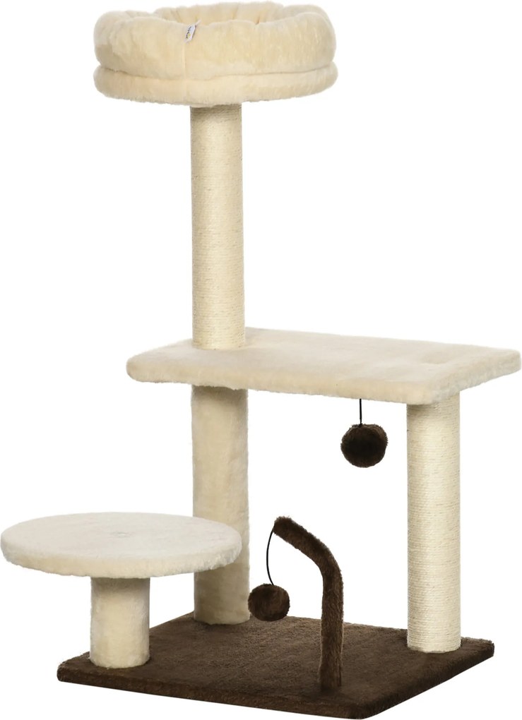 PawHut Macskakaparó Fa Tetővel, Játék Golyókkal, Részecskefából és Zsákanyagból, 44x38x81 cm, Bézs | Aosom