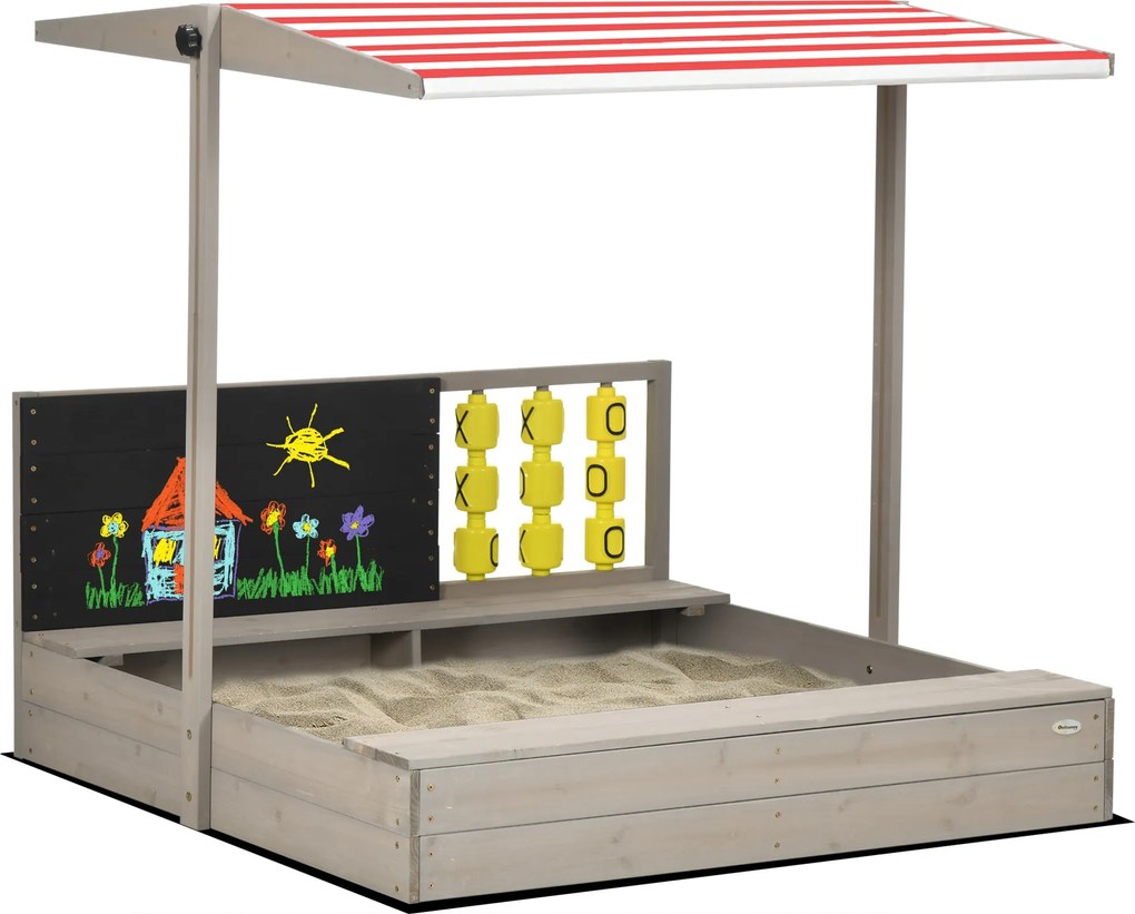Outsunny Fa Homokozó Gyerekeknek 3-7 Éveseknek Állítható Nem Szőtt Anyagú Tetővel, 2 Személyes Pad, Krétatábla és Játékok a Teraszra, Kertbe 114x113x1