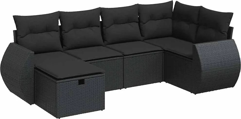 vidaXL 6 részes fekete polyrattan kerti ülőgarnitúra párnákkal