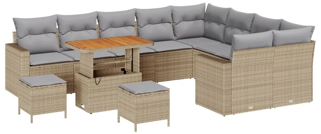 12 darabos Kerti Sofa Szett Párnákkal Bézs Poli Rattan Akácia, 3 darabos Kerti Étkező Szett Párnákkal Bézs Poli Rattan Akácia