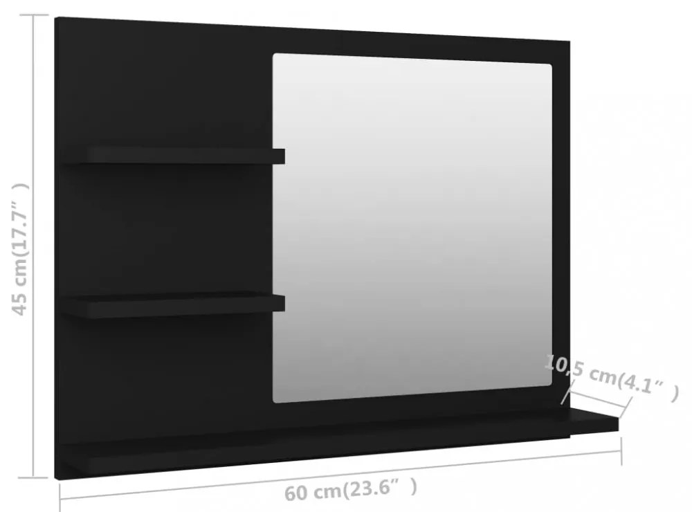 fekete szerelt fa fürdőszobai tükör 60 x 10,5 x 45 cm