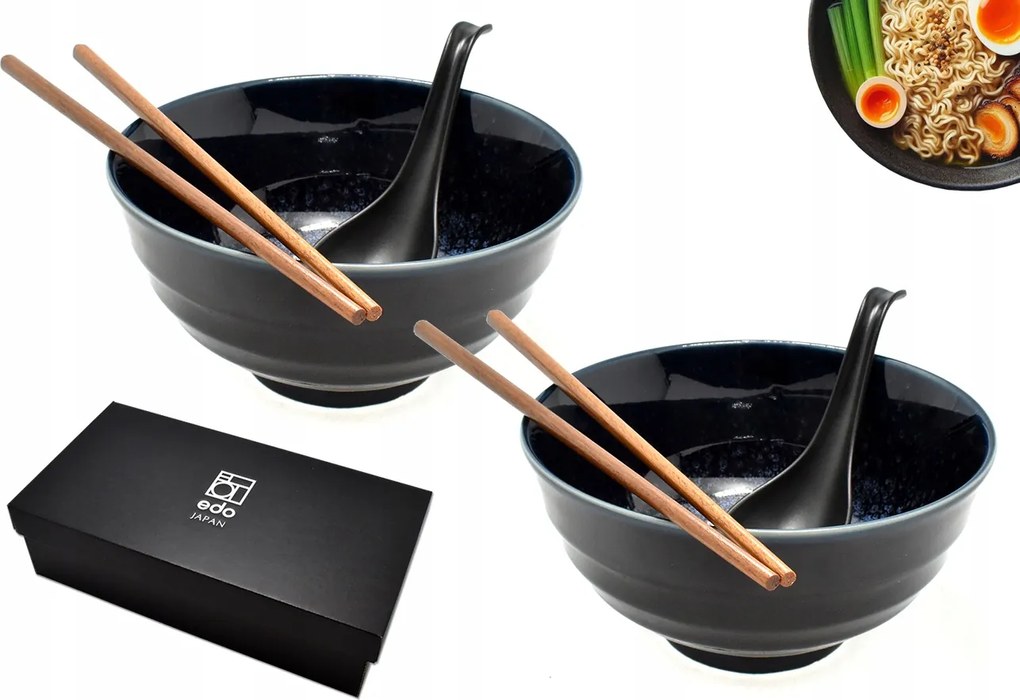 2 db-os tál szett kanállal és pálcikákkal Udon Iro kék 800 ml Box