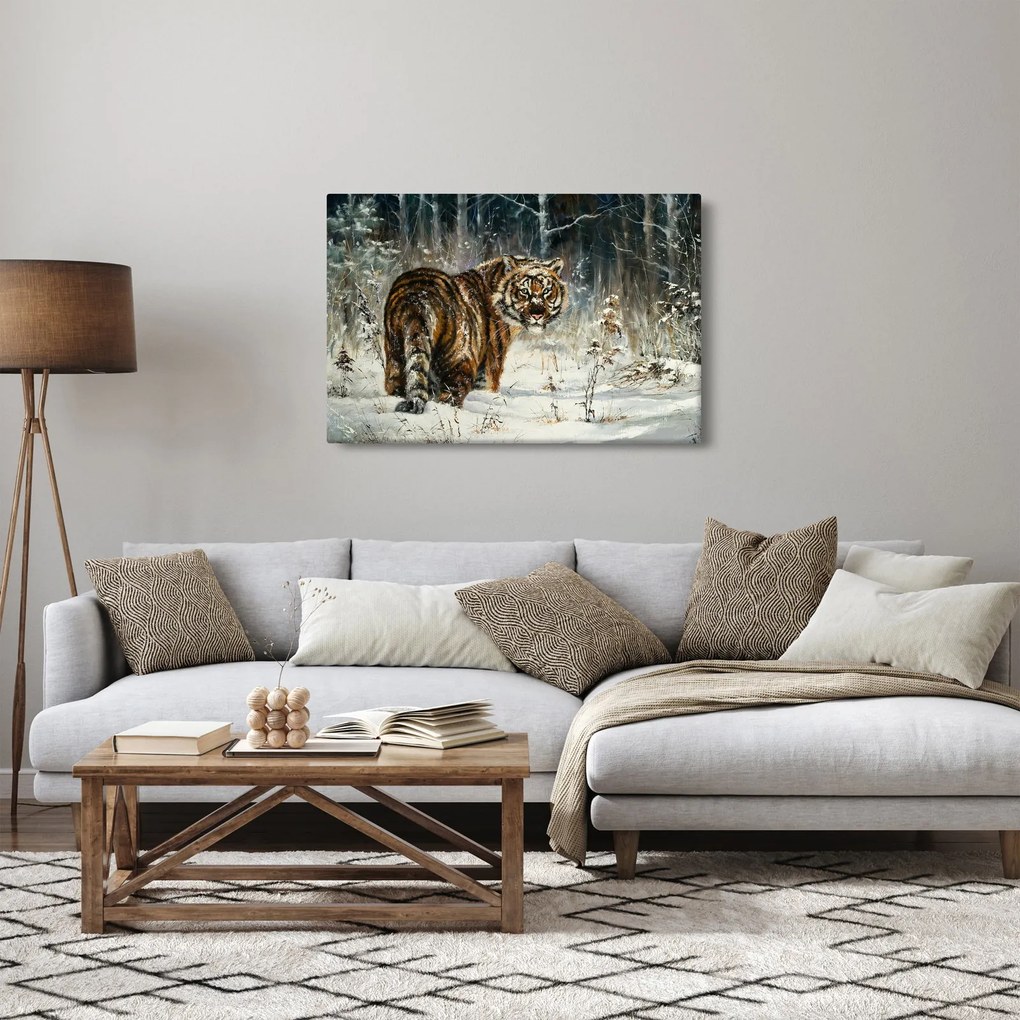 Kép - tigris a havas erdőben, olajfestmény (90x60 cm)