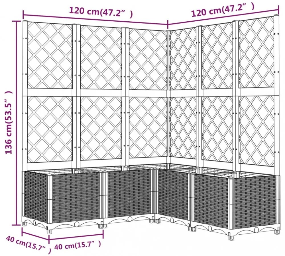 sötétszürke PP rácsos kerti ültetőláda 120 x 120 x 136 cm