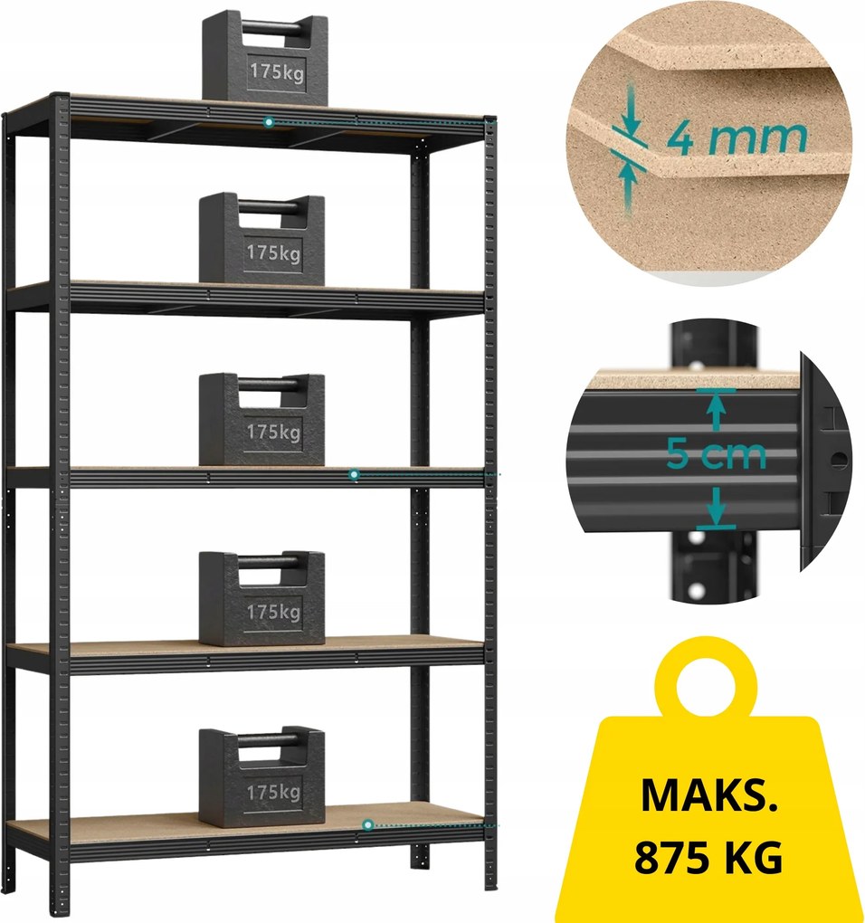 Tárolószekrény nagy teherbírású Fém 60x120x200cm max 875kg 5 Polc