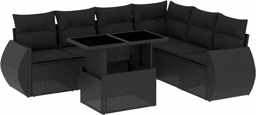 vidaXL 7 részes fekete polyrattan kerti ülőgarnitúra párnával