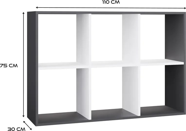 Malax 2x3 polc, 110x75x30 cm, antracit-fehér