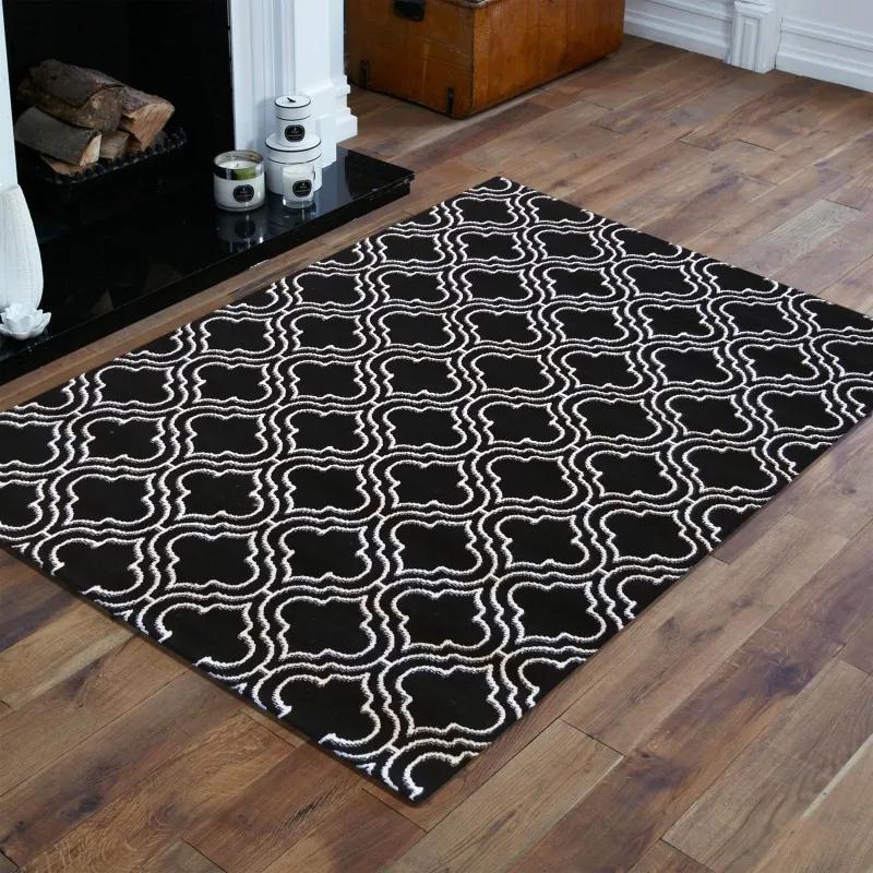 Minőségi skandináv szőnyeg, fekete színben, fehér mintával Szélesség: 120 cm | Hossz: 170 cm