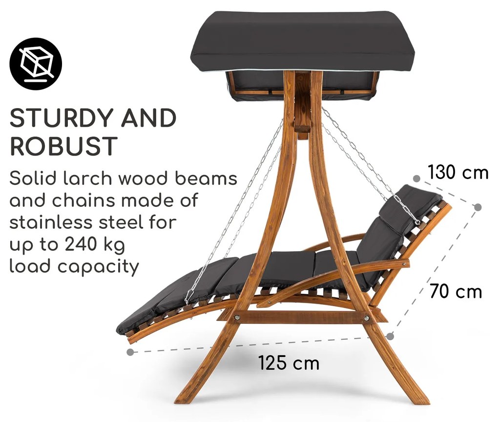 Aruba, kerti hinta, napellenző, 130 cm, kétszemélyes, masszív fa, szürke