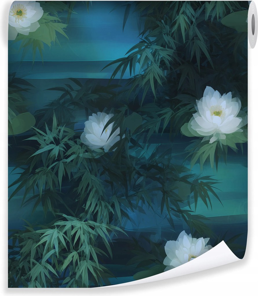 Tapéta Virágok Levelek Liliomok Akvarell Fal Nappali Hálószoba