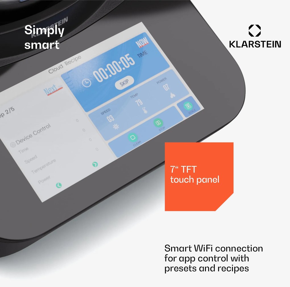 Klarstein Aria Grande Smart, konyhai robotgép, 1700 W, 4,7 l, alkalmazásvezérlés, gőzölő tartozék, 7' TFT kijelző