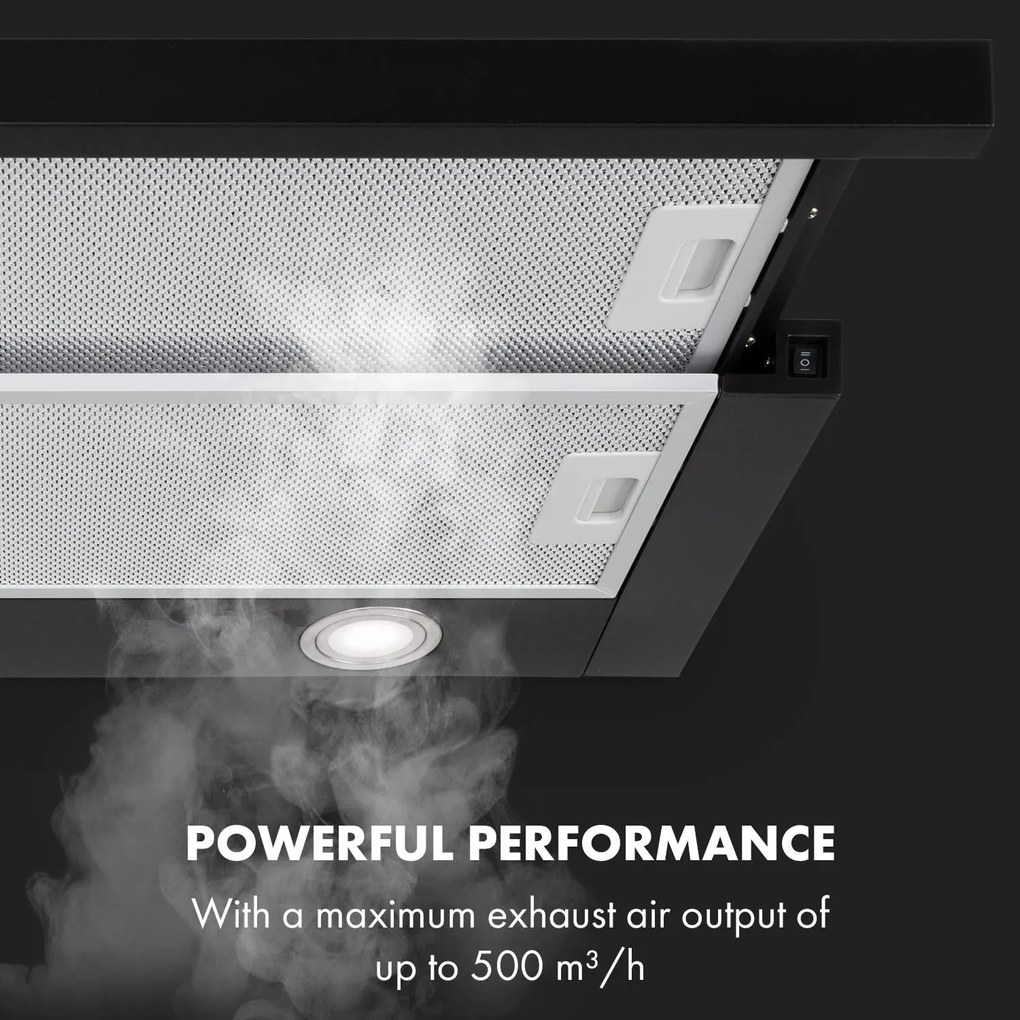 Klarstein Mariana 60, kihúzható páraelszívó, 60 cm, 500 m³/ó, elszívás, LED, fekete