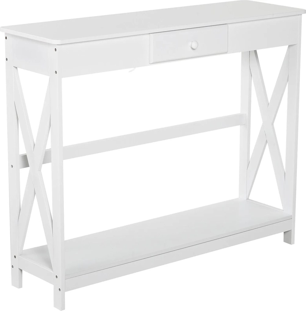 HOMCOM Fa Konsole Asztal Előszobai Asztal 1 Fiókkal és 1 Tárolópolccal 100x30x81cm Fehér | Aosom