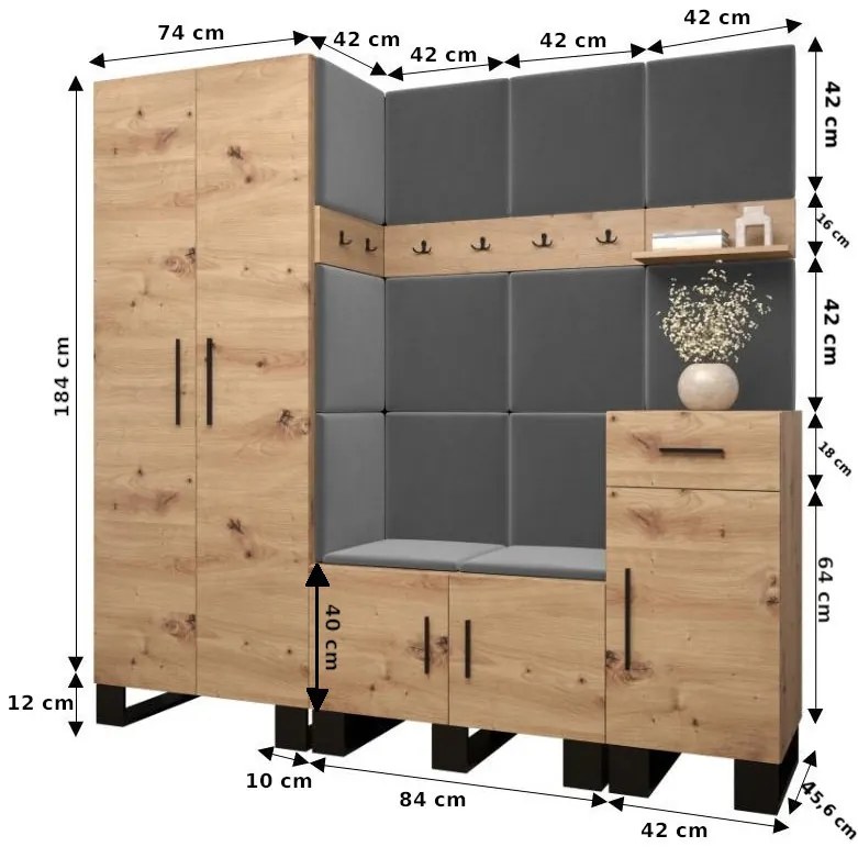 RUMIE 1 előszoba garnitúra - artisan tölgy, szürke panelek