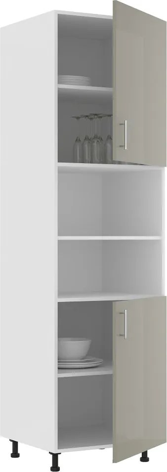 Karo 2 ajtós magas konyhaszekrény sütő számára, Fényes szürke / Fehér, MDF, 60 x 57 x 210 cm