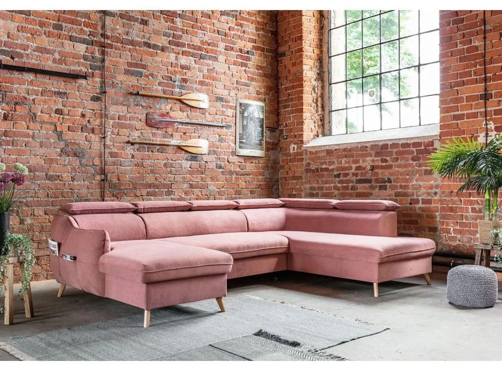 Világos rózsaszín bársony kinyitható sarokkanapé (jobb oldali-"U" alakú) Sweet Harmony – Miuform