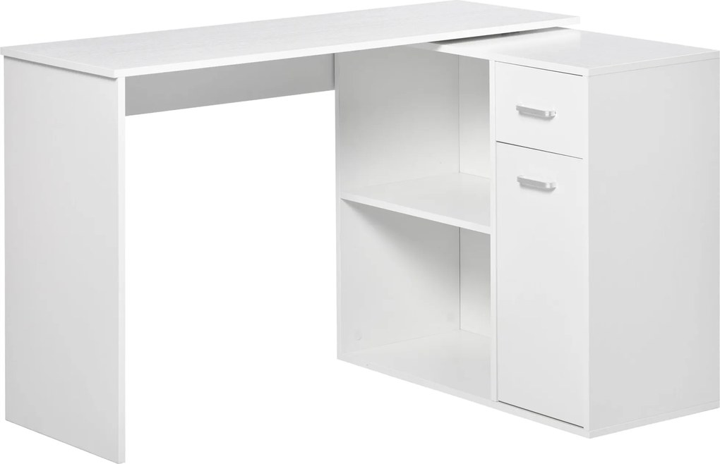 HOMCOM Sarokíróasztal Tanuláshoz és Irodai Használatra 2 Fiókkal és 2 Polccal, Modern Fa Íróasztal, 117x82x74 cm, Fehér | Aosom