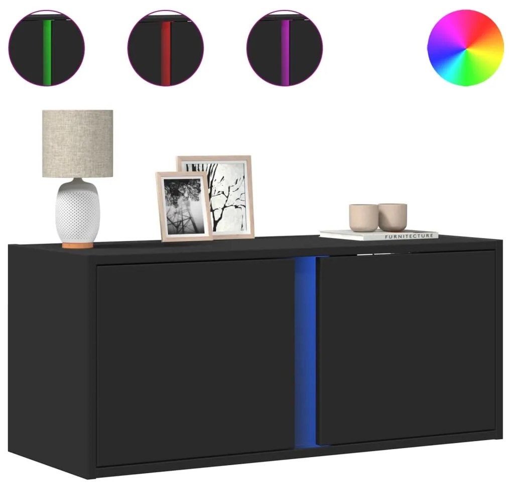 fekete fali TV-szekrény LED-világítással 80x31x35 cm