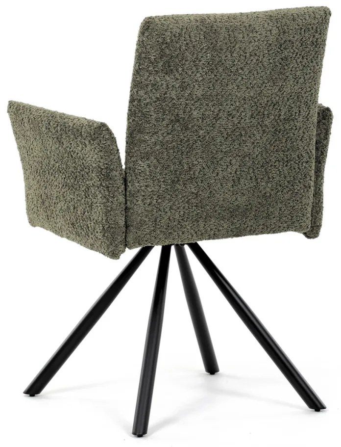 Scaun de sufragerie pivotant / Fotoliu de sufragerie, țesătură vintage verde, picioare din metal negru, mecanism de rotire 90°/90° (stânga/dreapta) - funcție de resetare