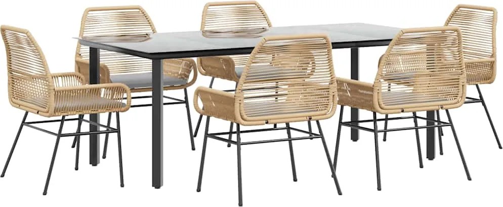 vidaXL 7 észes barna polyrattan üveg kerti étkezőgarnitúra párnával