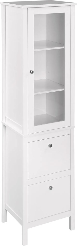 kleankin Magas Fürdőszobaszekrény Oszlop Bútor 1 Üvegajtóval, Állítható Polcokkal és 2 Fiókkal, Többfunkciós a Nappaliba és Konyhába 43x35x160 cm Fehé