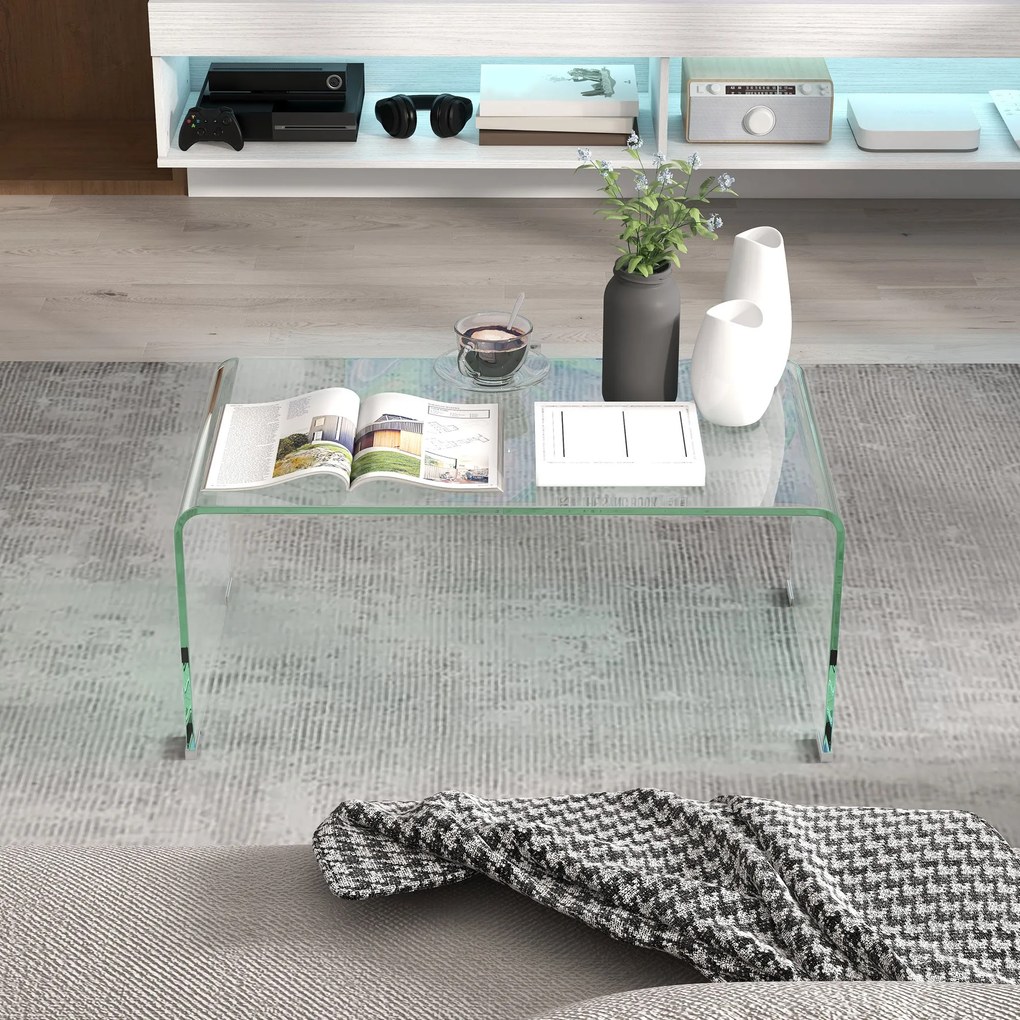 HOMCOM Átlátszó Üveg Kávasztal Téglalap Modern Dizájn Edzett Üveg Biztonságos Kerek Peremmel 80 x 45 x 35 cm | Aosom