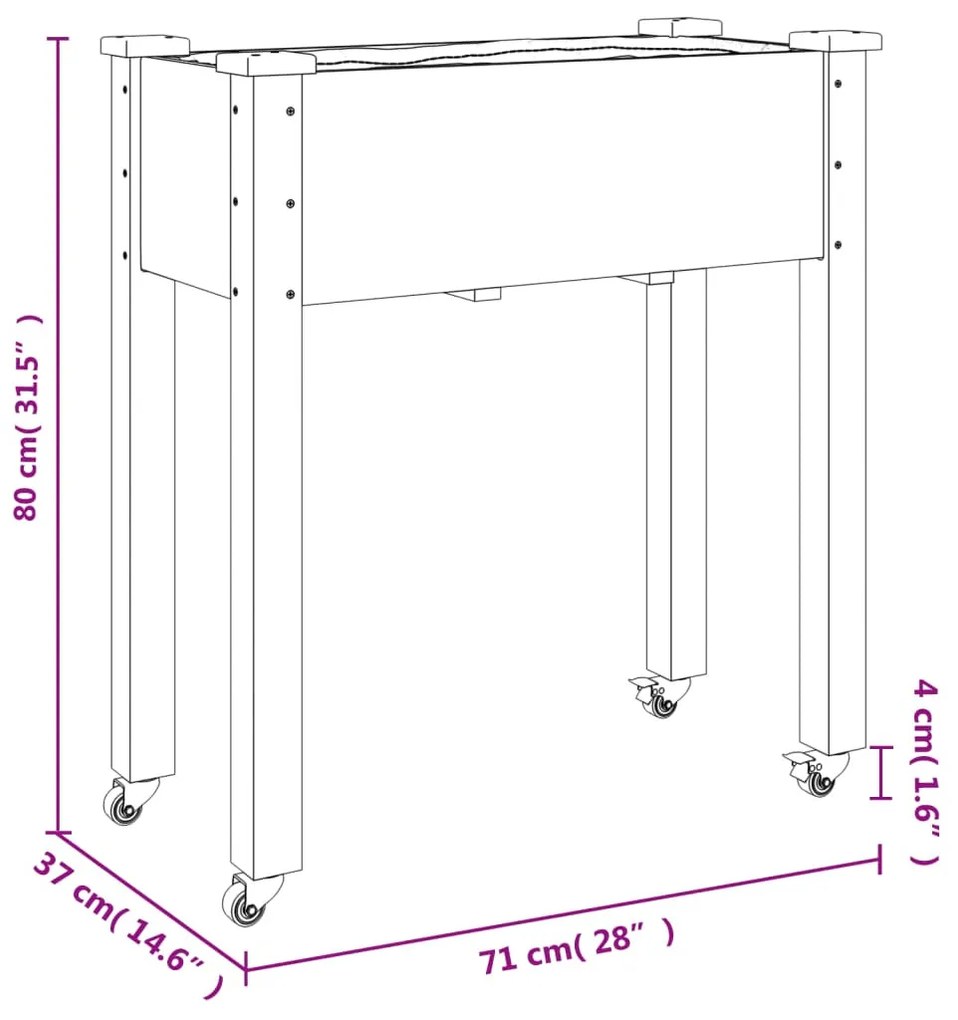 barna tömör fenyőfa kerekes ültetőláda béléssel 71 x 37 x 80 cm