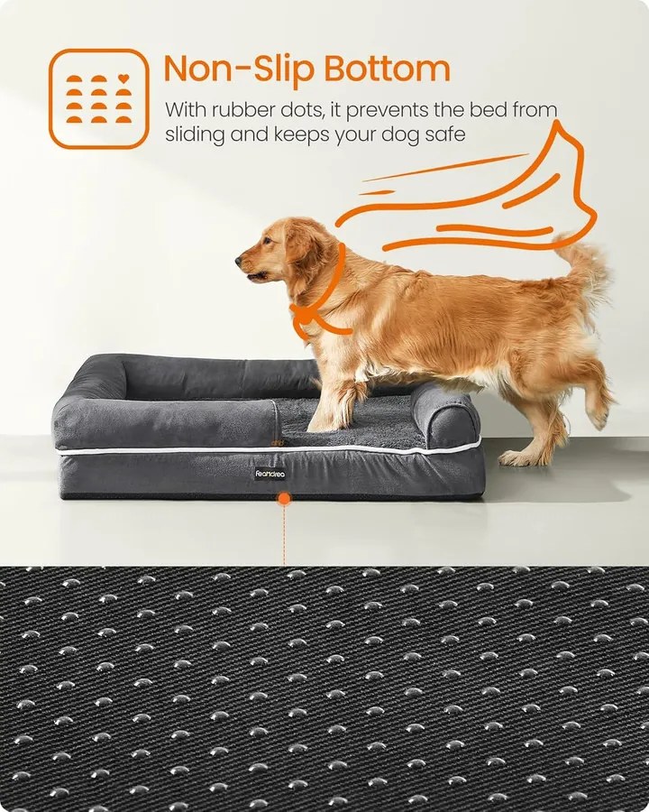 Ortopéd Kutyaágy, Oldalsó Párnás Kutyasofa, 106 x 76 x 18 cm, Csúszásmentes, Sötétszürke