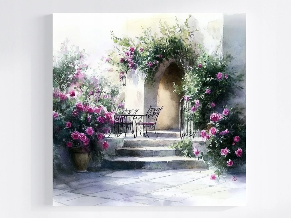 Vászonkép Canvas Ház Terasz Kert Lépcső Virágok Rózsák Nyár 40x40