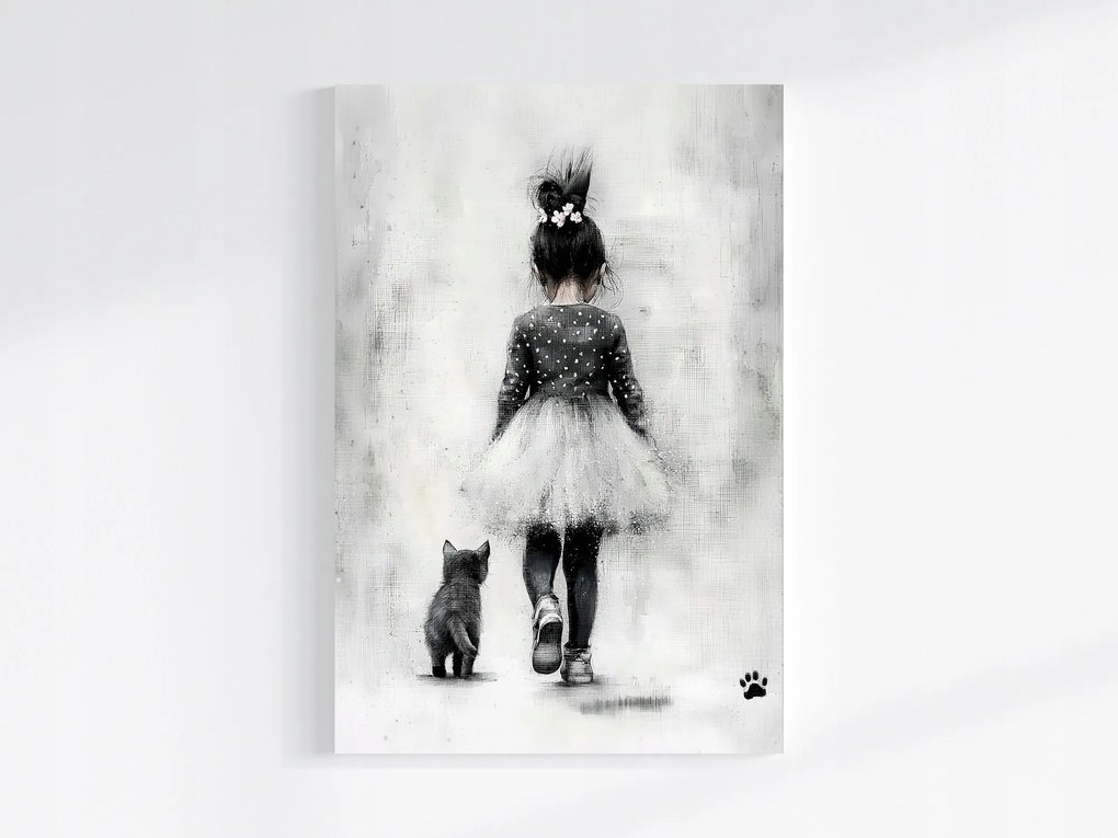 Vászonkép Canvas Kislány Fekete Macska Társ Séta 80x120