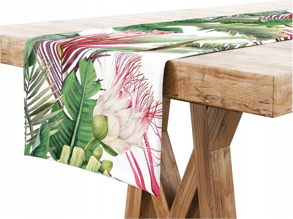 Asztalterítő 40x100 Dekoratív Téglalap alakú Levelek Zöld Virágok 9870