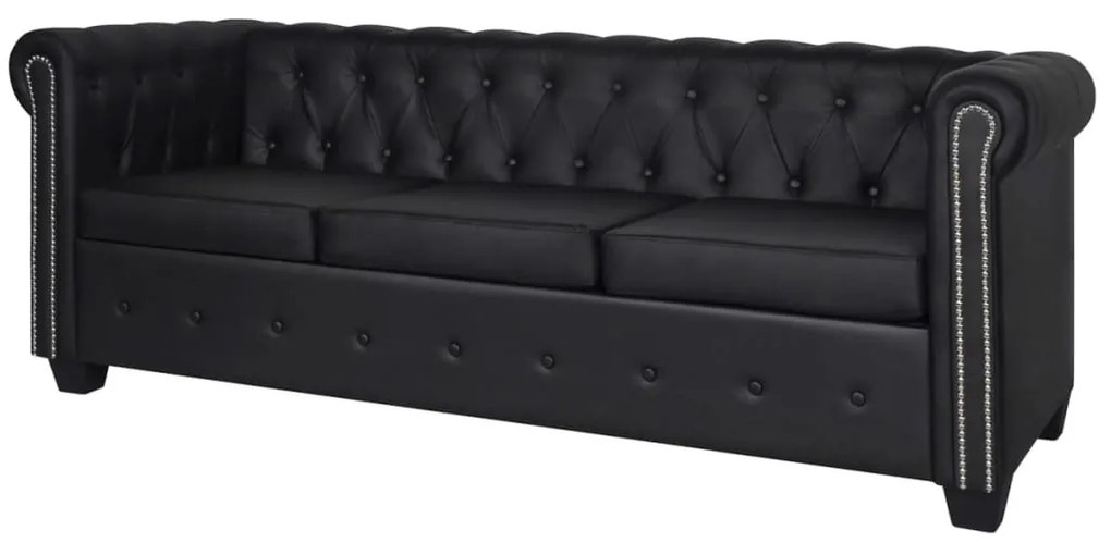 3 személyes fekete műbőr Chesterfield kanapé