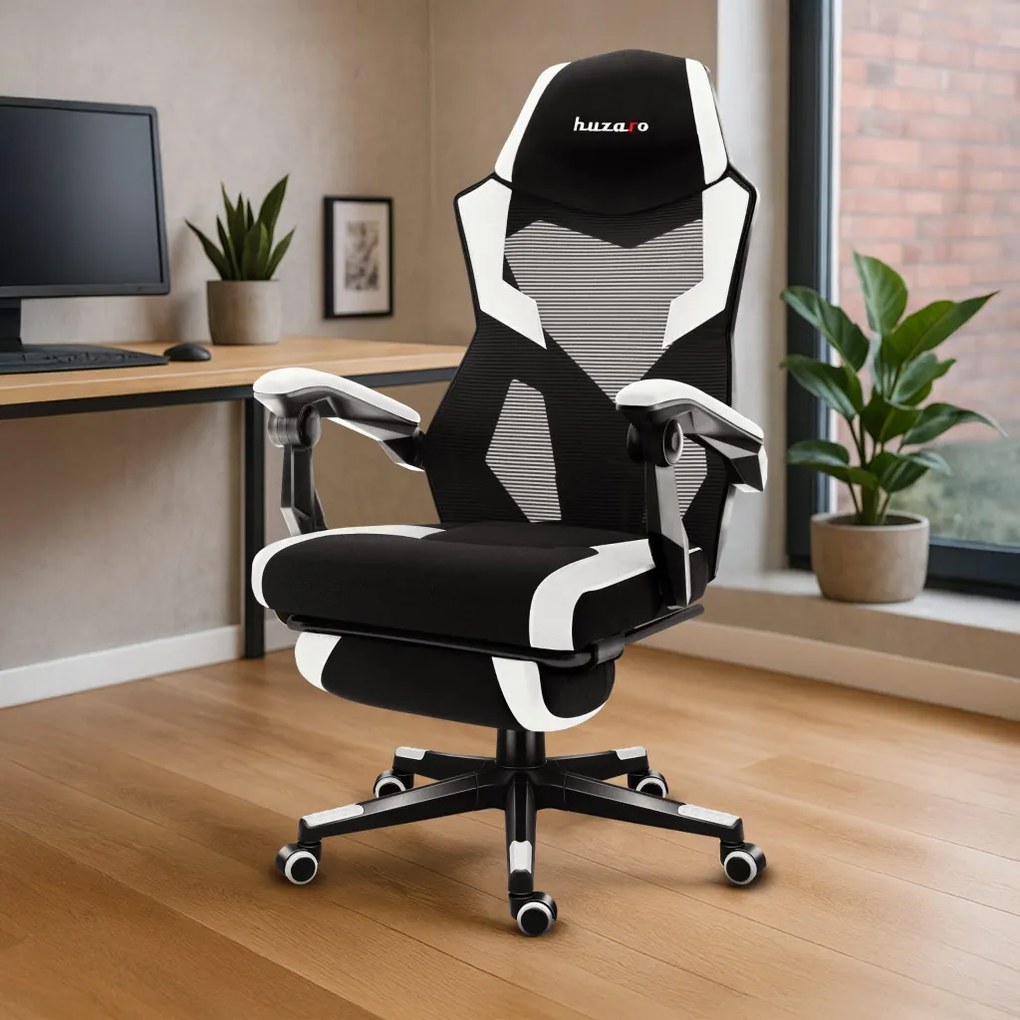 Gamer szék, lábtartó, lélegző anyag, ergonómikus kartámaszok, fekete-fehér
