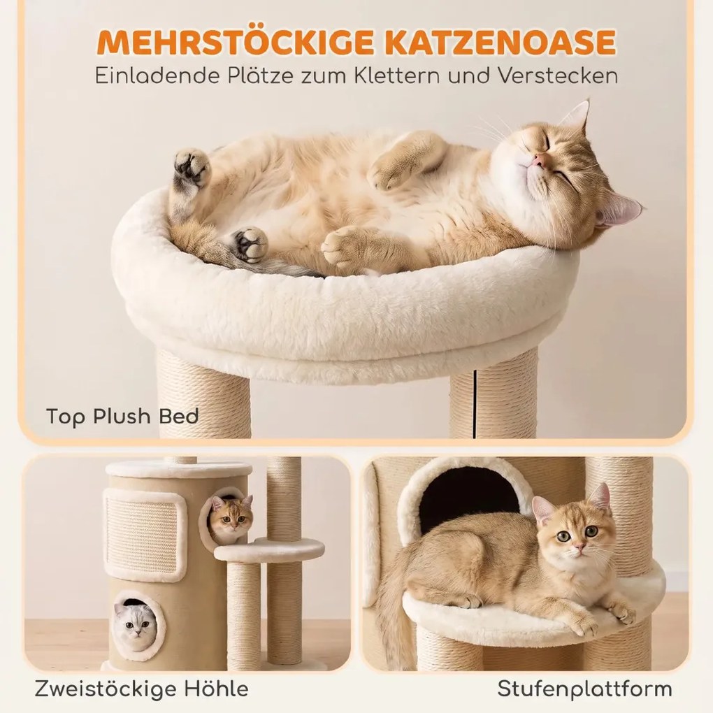 PawHut Kaparófák macskabútor kétszintes kaparóhordóval, platformmal, szizál deszkával, játéklabdával, bézs