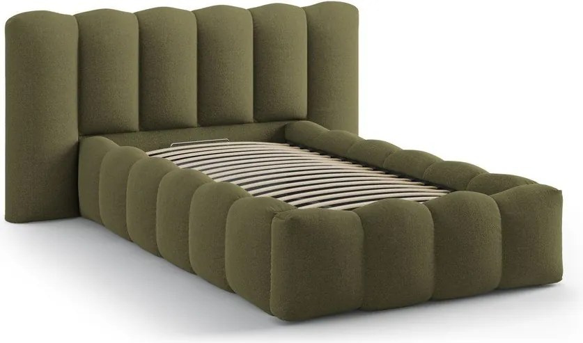 Khaki kárpitozott ágyneműtartós egyszemélyes ágy ágyráccsal 90x200 cm Lupine – Micadoni