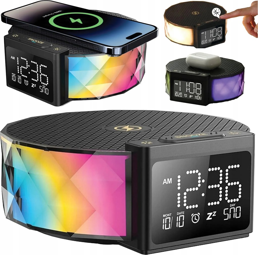 Ébresztőóra Elektronikus Led Rgb Hangos Nagy Qi Vezeték Nélküli Töltő