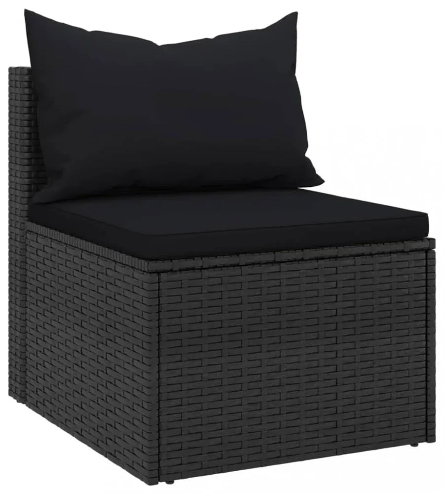 2 db fekete polyrattan kerti középső kanapé párnákkal