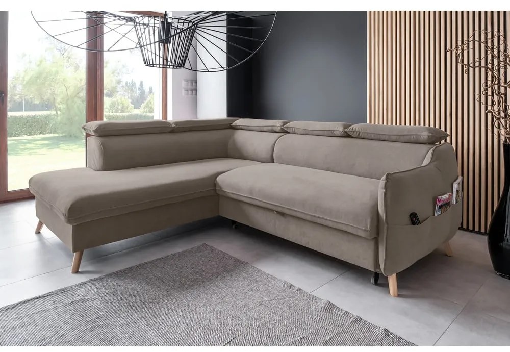 Világosbarna bársony kinyitható sarokkanapé (bal oldali) Sweet Harmony – Miuform