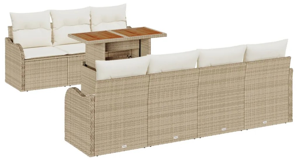8 részes kerti kanapé párnákkal bézs poly rattan akácfa, 2 üléses kerti kanapé párnákkal bézs poly rattan