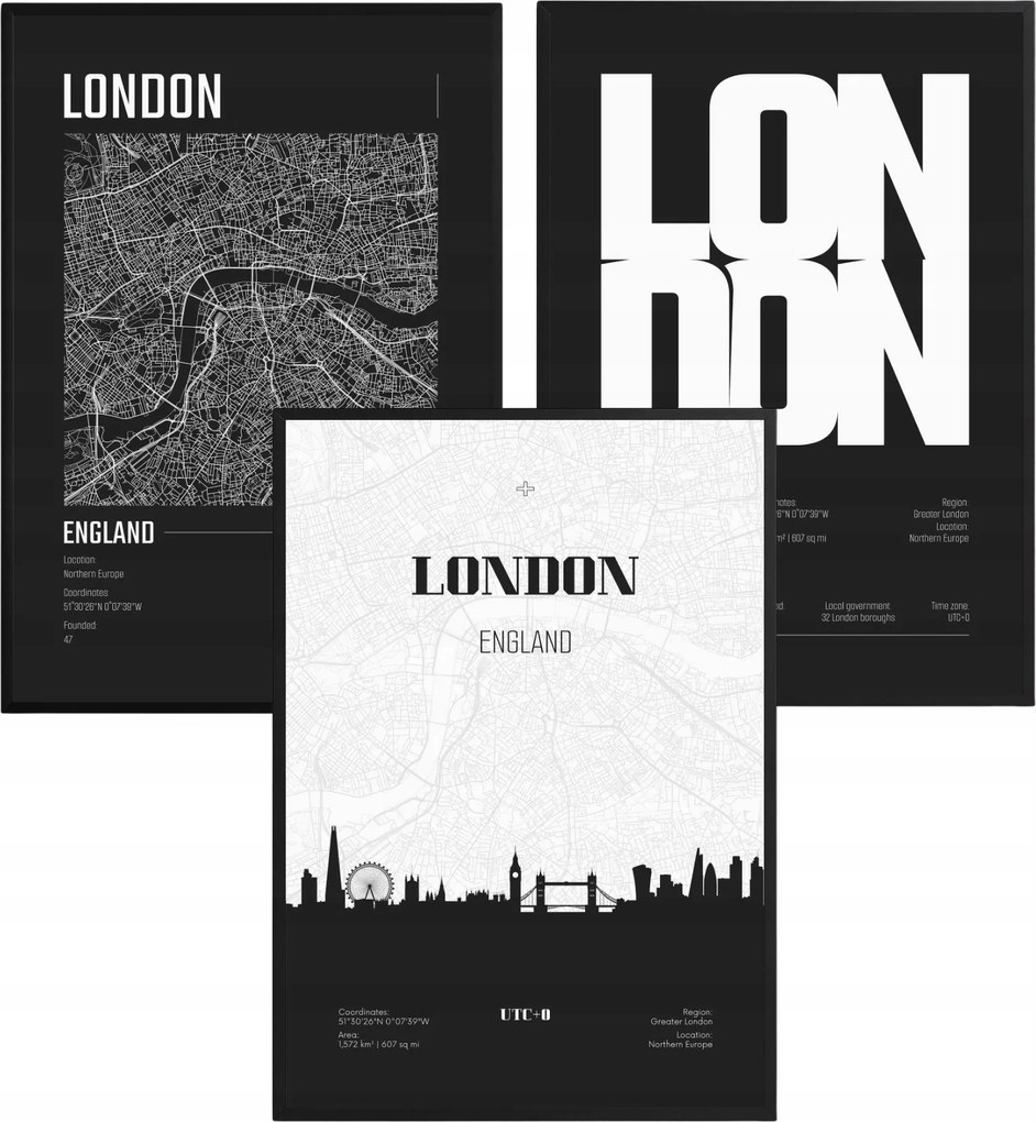Poszter szett London Anglia Várostérkép Fekete-fehér Loft Képek Keretekkel