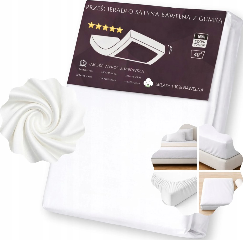 Gumis lepedő 200x220cm 25cm Fehér Szatén Pamut Kellemes Tartós