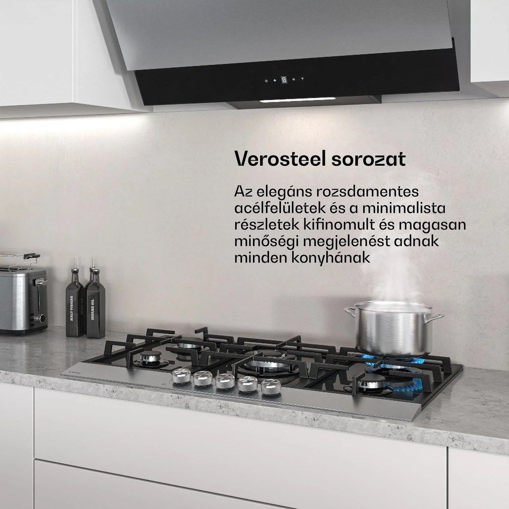 Klarstein Verosteel gázfőzőlap, 5 égőfej, elektromos gyújtás, földgázzal és LPG-vel kompatibilis, 10400W, 90cm