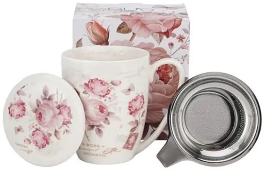 Rózsás porcelán bögre fém szűrővel és tetővel - 350 ml SECESJA díszdobozos