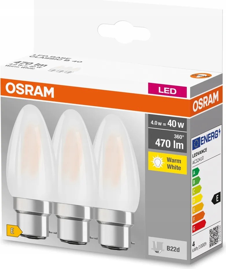 3x Led izzó B35 B22d 4W 40W 470lm 2700K Meleg fehér Filament Osram
