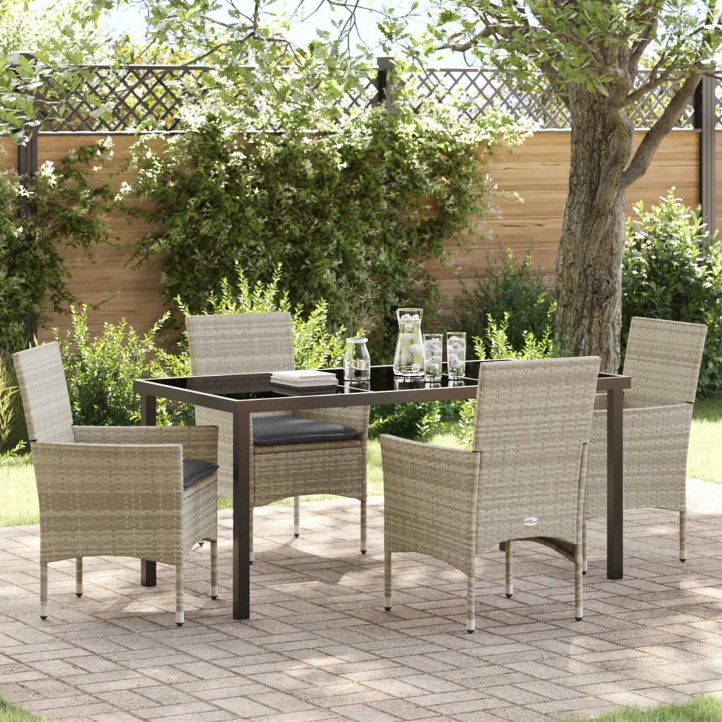 5 Részes Kerti Étkező Szett Párnákkal Világosszürke Poly Rattan, Kerti Asztal Fekete 160x80x73 cm Edzett Üveg