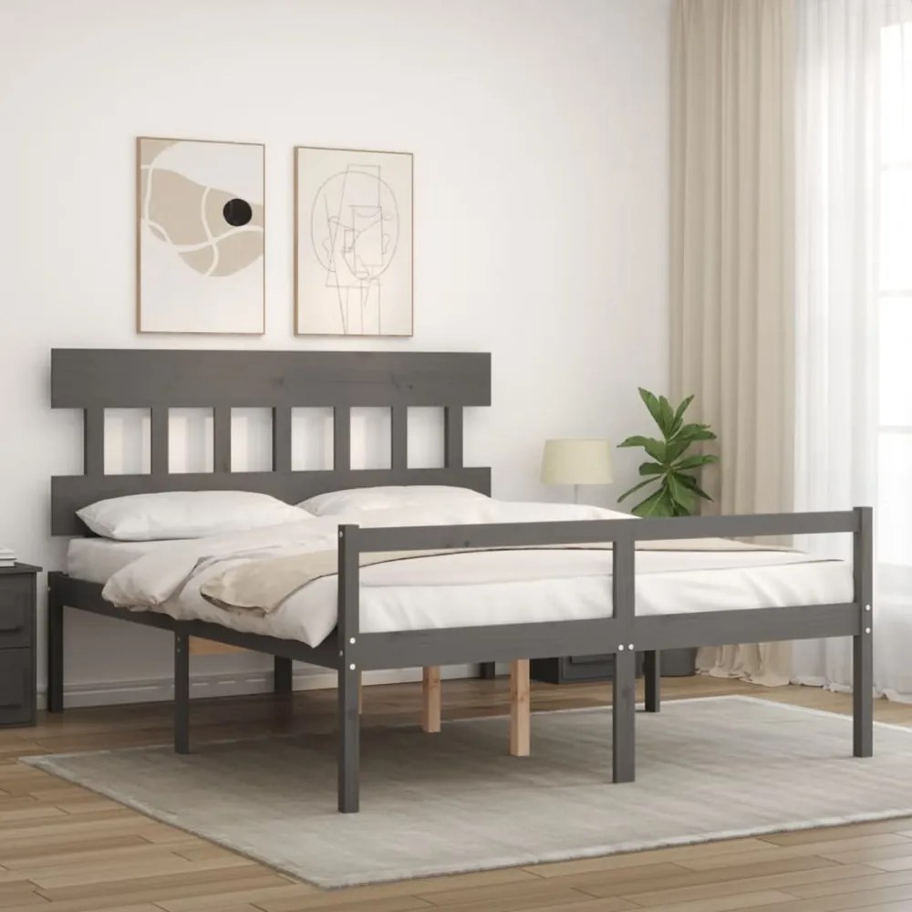 szürke tömör fa ágy időseknek fejtámlával King Size