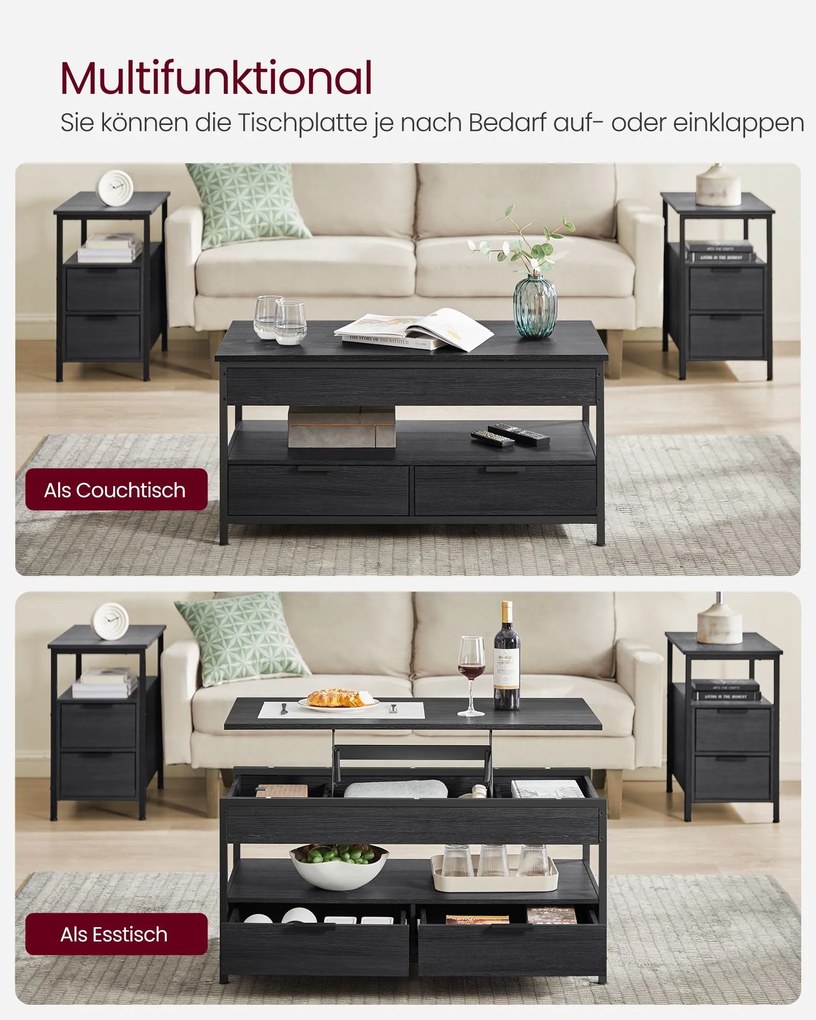 VASAGLE dohányzóasztal, magasságában állítható, 50×100 cm, antracitszürke–tintafekete