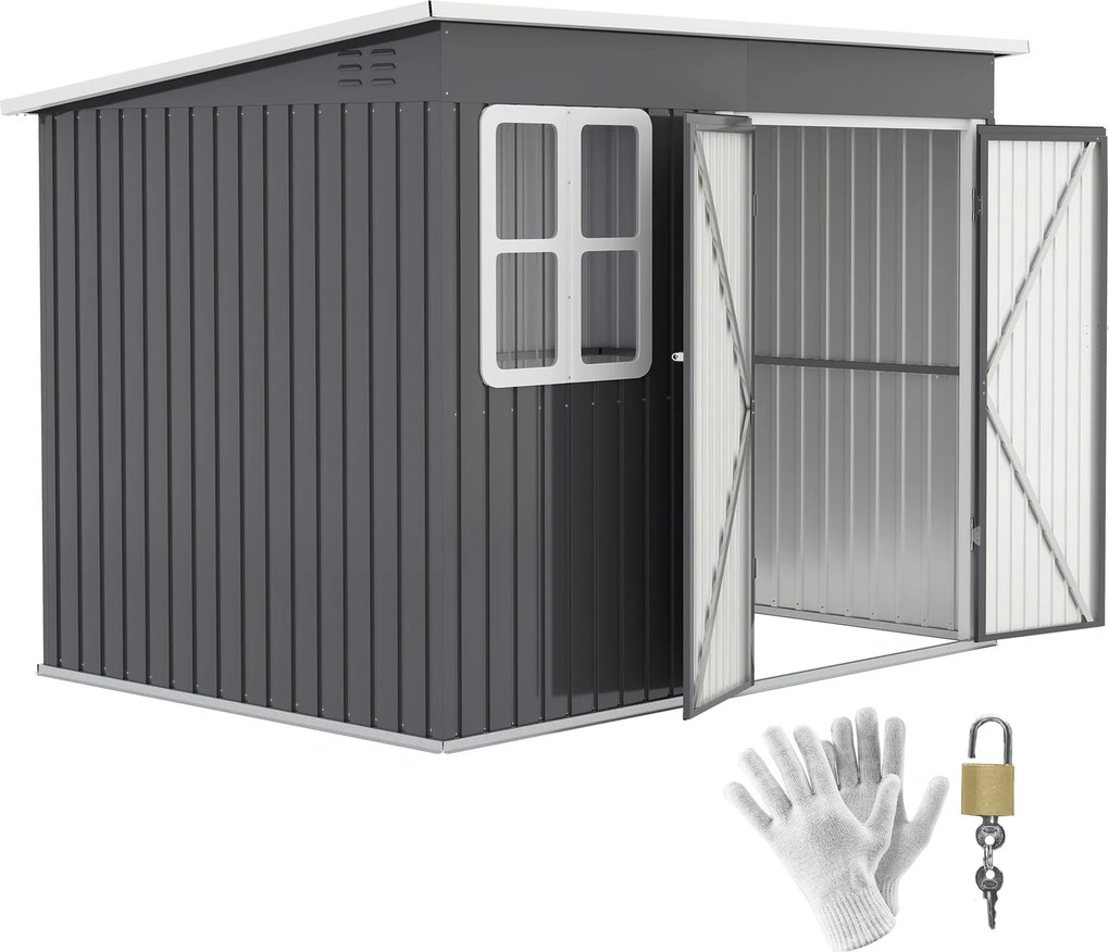 Outsunny Fém Szerszámtároló 4,13 m², 260 x 177 x 190 cm Ablakos Tetős, Zárható Ajtós, Időjárásálló Kertiház Kültéri Kert Szerszámtároló Szekrény Hátsó